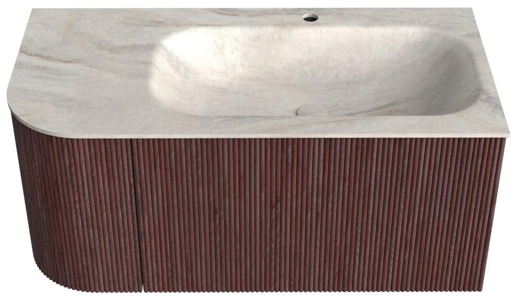 Mondiaz Kurve-dlux 95cm badmeubel ronding links ruby met 1 lade en deur en wastafel big small kraangat rechts ostra