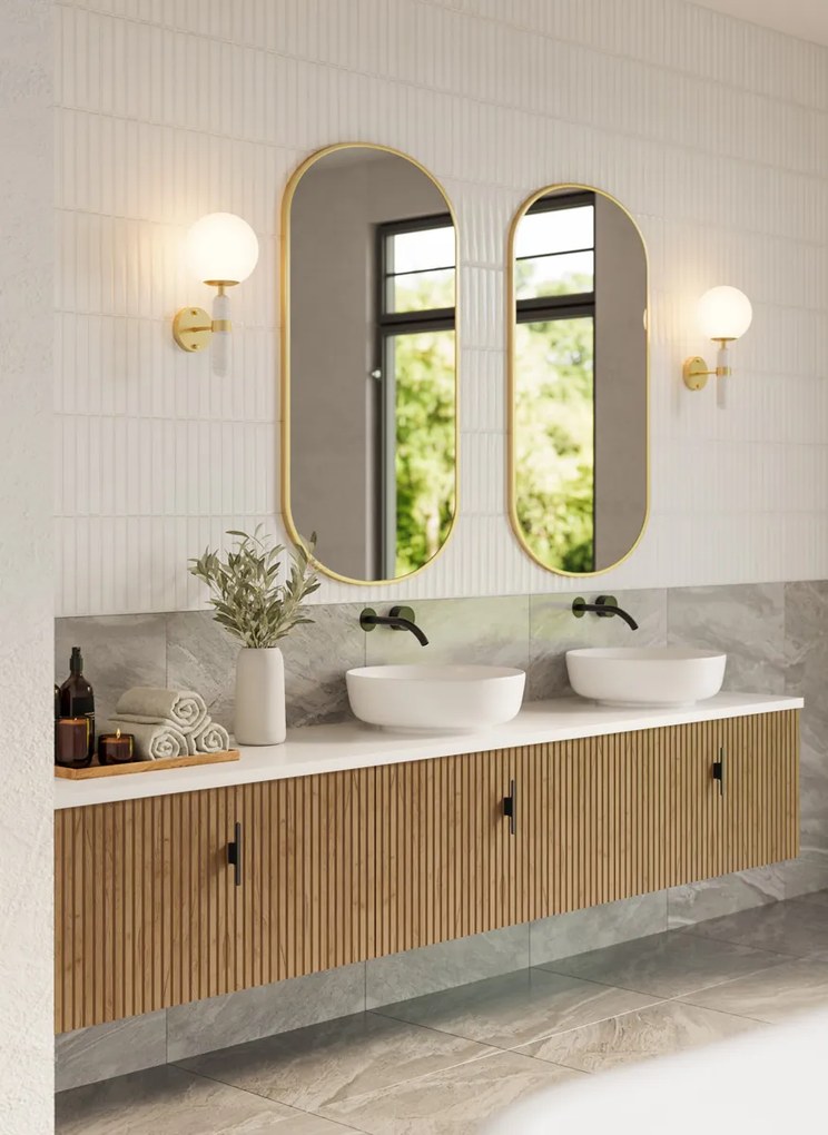 Muebles Ezra badmeubel ribbelfront 240cm warm eiken met wit toppaneel en waskom