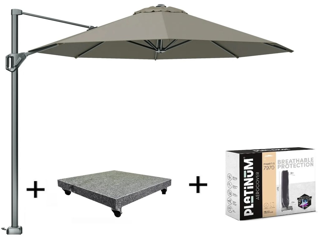 Voyager T1 zweefparasol 300 cm rond taupe met 90KG voet en hoes