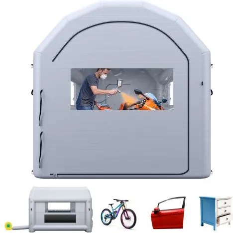 VEVOR Opblaasbare Spuitcabine 4x3x2,75 m Spuitcabine Verftent Grijs, met 750W Ventilator & Actieve Koolstoffiltratie, PVC Ramen, Gebogen Dak voor Fietsen, Motoren & Meubels, Draagbaar