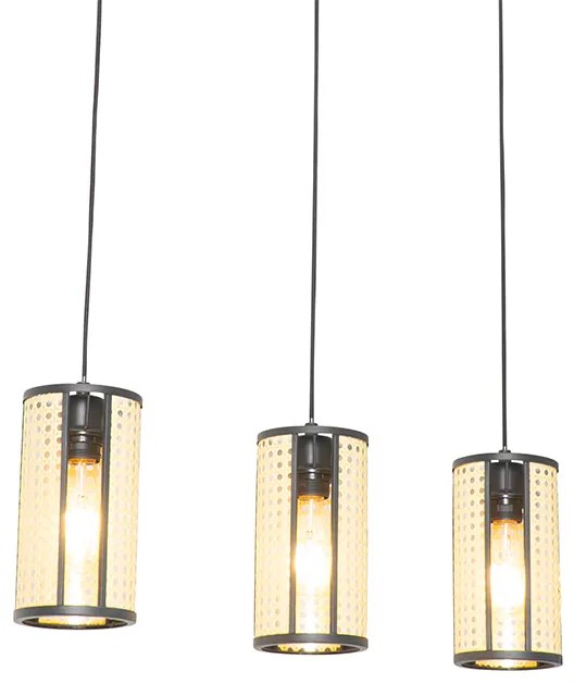 Oosterse hanglamp zwart met rotan 3-lichts langwerpig - Akira