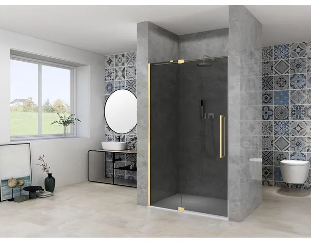 Van Rijn Products ST08 Nis draaideur - 110x200cm - grijs rookglas - dikte 8mm - 2 delig - muurprofiel - stabilisatiestang - Messing ST08300110GRSB