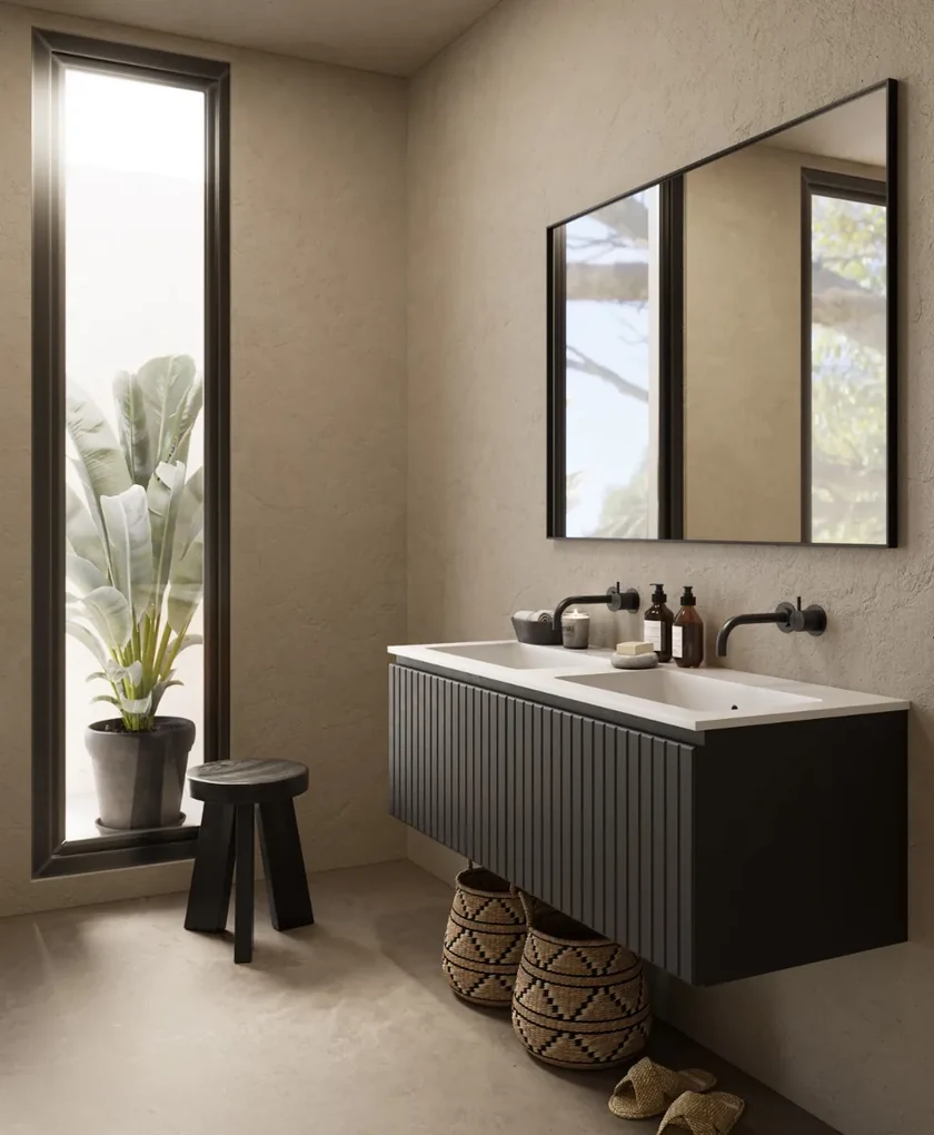 Fontana Astro badmeubel ribbelfront 120cm met dubbele wastafel zonder kraangaten zwart mat