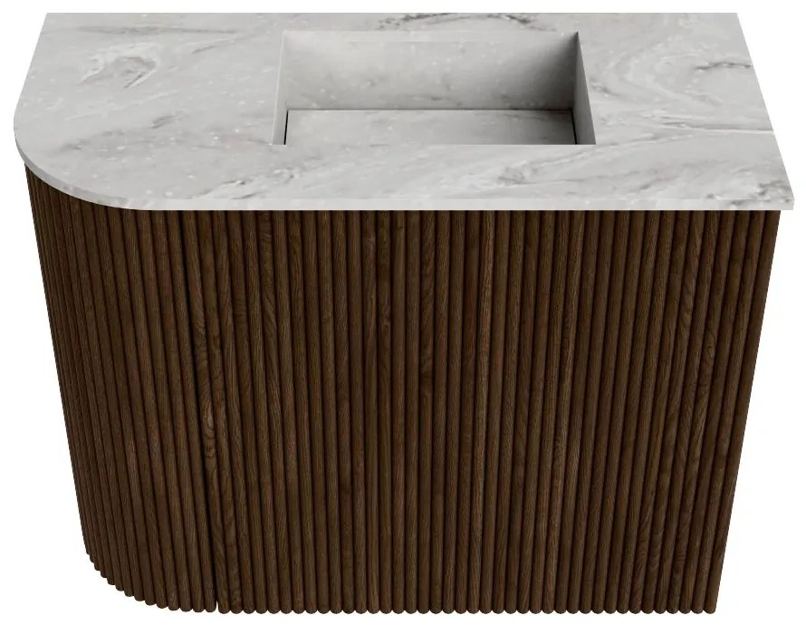 Mondiaz Joya DLux 50cm toiletmeubel ronding links walnut met wastafel faye rechts 1 kraangat glace