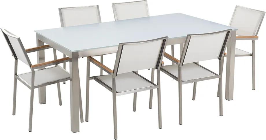Tuinset glas/RVS wit enkel tafelblad 180 x 90 cm met 6 stoelen wit GROSSETO