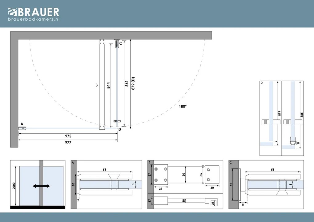 Brauer Void profielloze douchecabine 90x100cm RVS geborsteld PVD