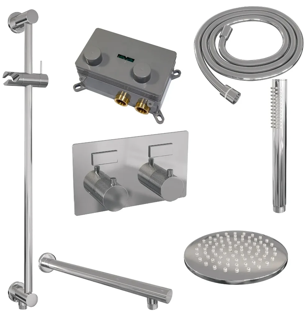 Brauer Chrome Carving thermostatische inbouw regendouche met staafhanddouche, rechte muurarm, glijstang en hoofddouche 20cm set 61 chroom
