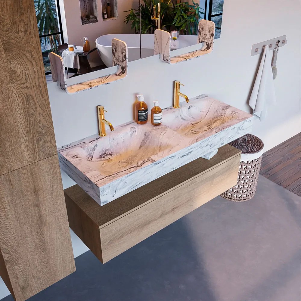 Mondiaz Alan DLux badmeubel 120cm washed oak 1 lade met wastafel glace dubbel 2 kraangaten