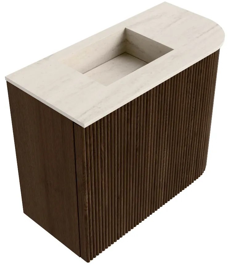 Mondiaz Joya DLux 50cm toiletmeubel ronding rechts walnut met wastafel faye links 1 kraangat meli