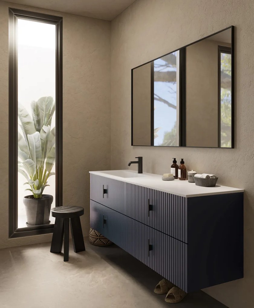 Muebles Avila badmeubel ribbelfront 160cm marine blauw met wastafel links met kraangat