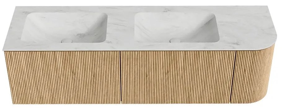 Mondiaz Kurve-dlux 155cm badmeubel ronding rechts oak met 2 lades en 1 deur en wastafel leaf dubbel/links zonder kraangat opalo