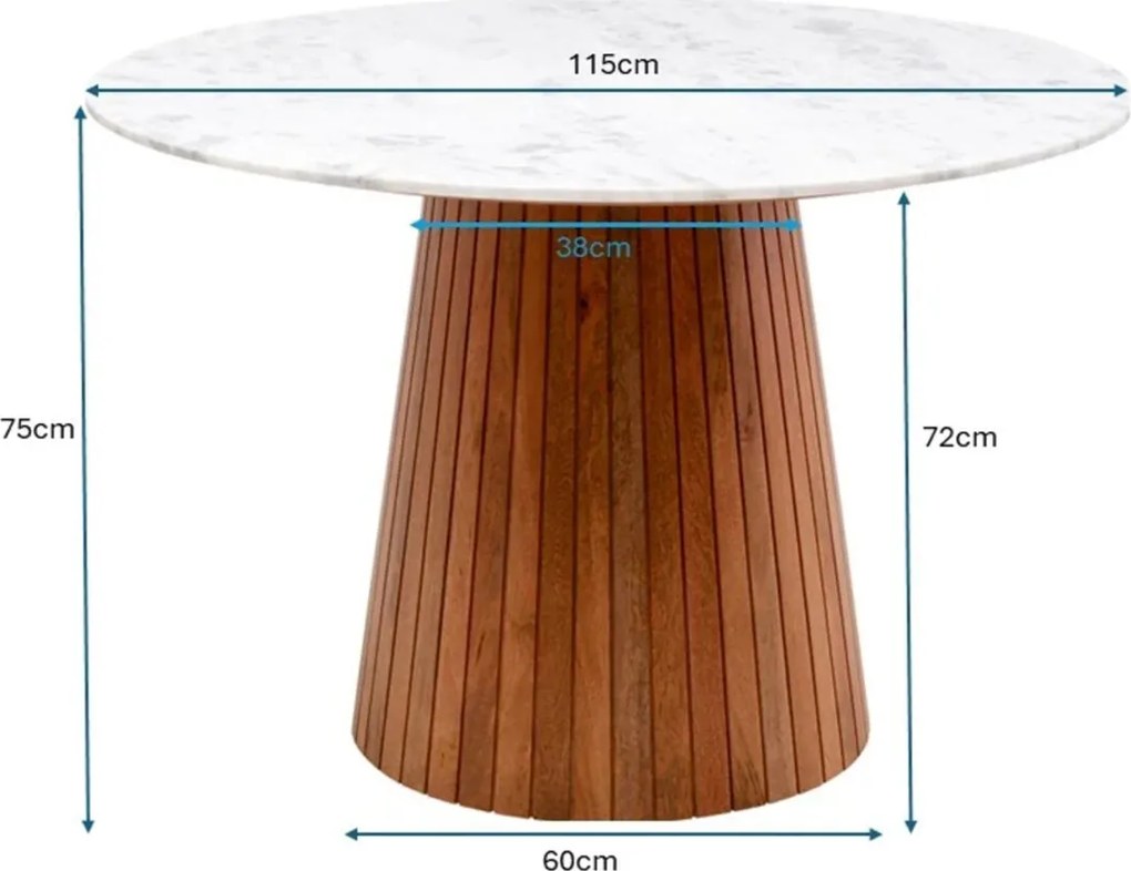 Ronde Eettafel Wit Marmer En Hout - 115 X 115cm.