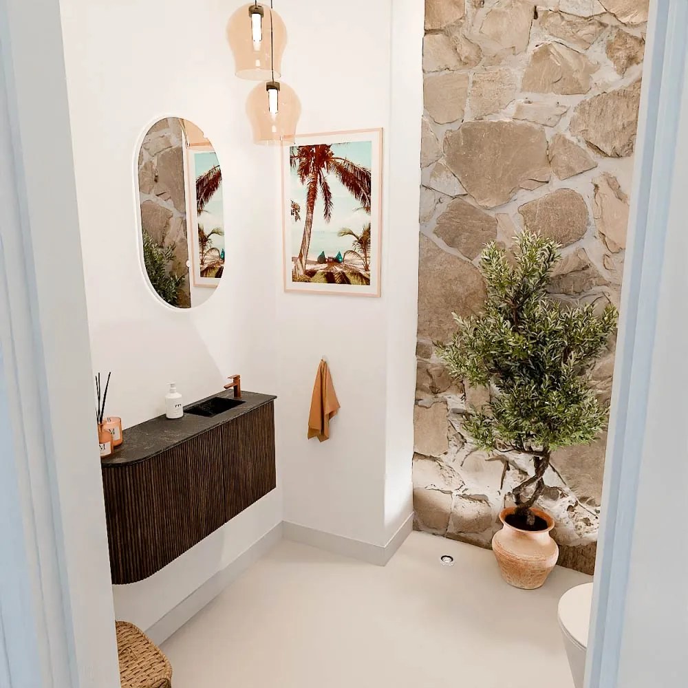 Mondiaz Joya DLux 80cm toiletmeubel ronding links walnut met wastafel faye rechts 1 kraangat lava