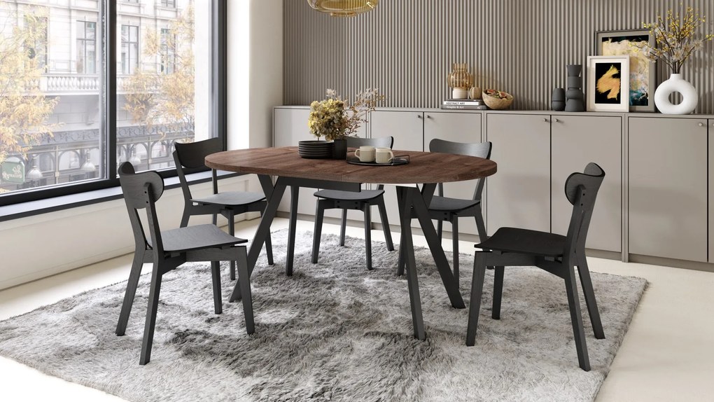 ALMO Eiken Bruin/Zwarte poten - RONDE LOFT/INDUSTRIËLE TAFEL VOOR WOONKAMER/EETKAMER, UITSCHUIFBAAR