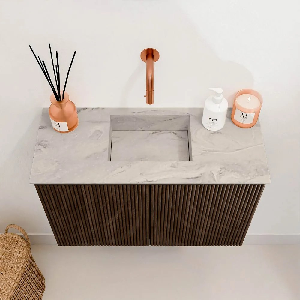 Mondiaz Joya DLux 60cm toiletmeubel walnut met wastafel faye midden zonder kraangat glace