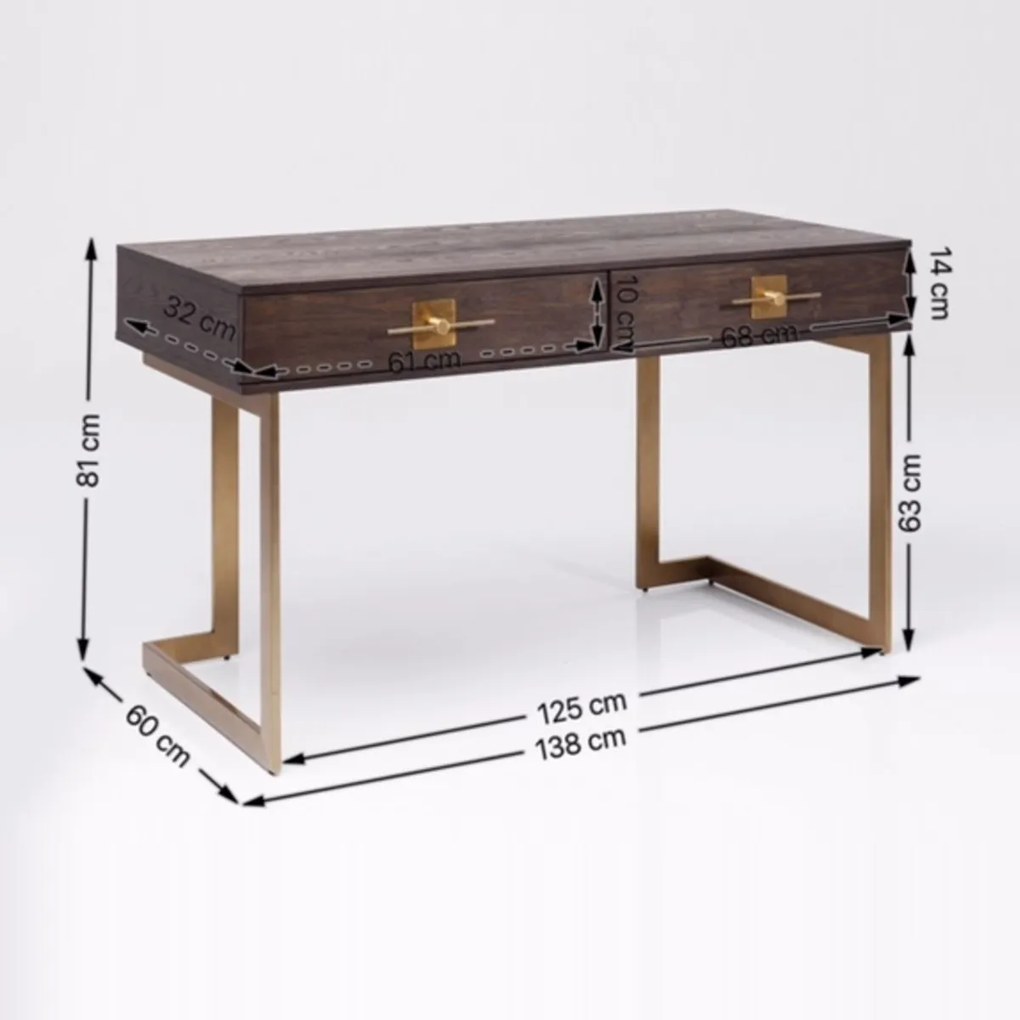 Bureau Donker Hout Met Messing - 138 X 60cm.
