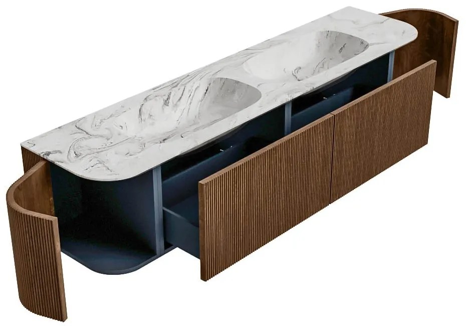 Mondiaz Kurve-dlux 190cm badmeubel ronding links/rechts walnut met 2 lades en deuren en wastafel stor small dubbel zonder kraangat glace