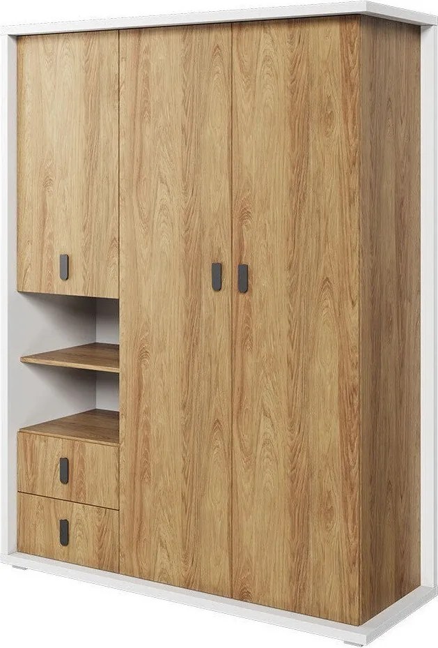 Kledingkast Tesonu 108, Wit, Hickory eiken, 200x150x55cm, Kledingkast deuren: Met scharnieren, Aantal planken: 5, Aantal planken: 5