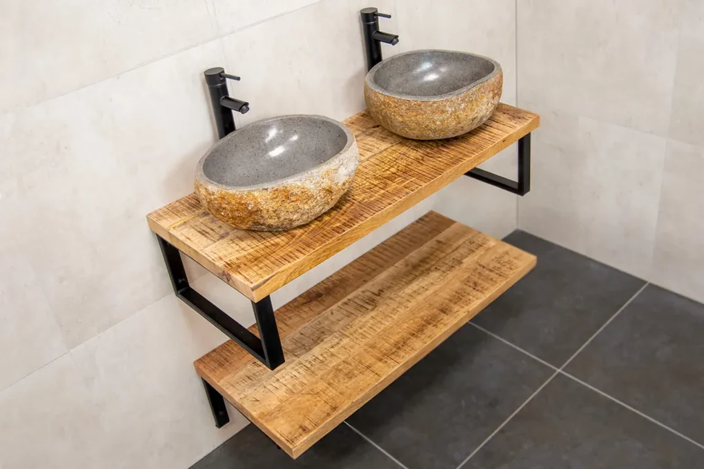 MD Interior Woodz mangohouten badkamermeubel 120cm met 2 rivierstenen waskommen