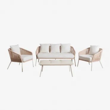 Tuinset Met 2-zitsbank, 2 Fauteuils En Salontafels In Aluminium En Gevlochten Touw Arhiza Tapioca Beige - Sklum