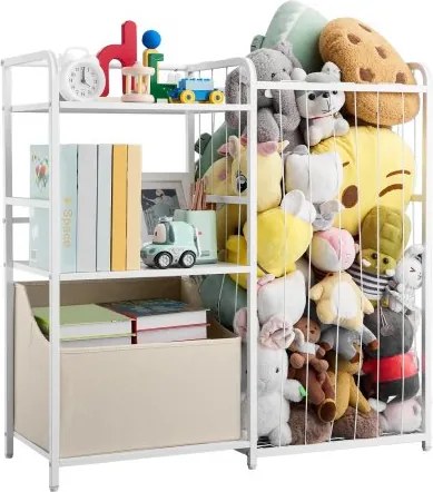 VEVOR Kinderboekenkast met speelgoedopbergruimte, 2-laags boekenkast met stoffen speelgoedkist, kinderplank, kinderkamerplank, wit, geschikt voor woonkamer, hal, kleuterschool