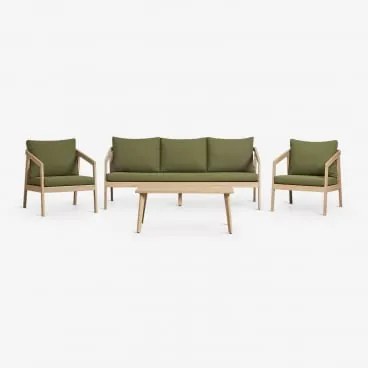 Tuinset Met Bank, 2 Fauteuils En Salontafel Van Acaciahout Kaela Lichte Acaciekleur & 3 Zits & Bouclé Saliegroen - Sklum