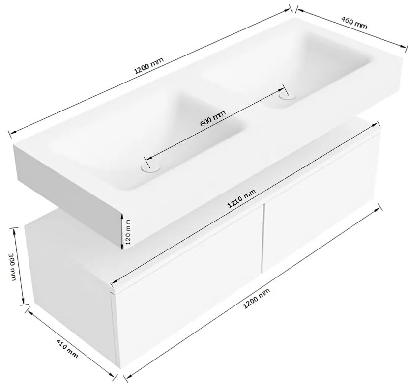 Zaro Alan badmeubel 120cm sand met 2 lades en vrijhangende wastafel dubbel met 2 kraangaten wit mat