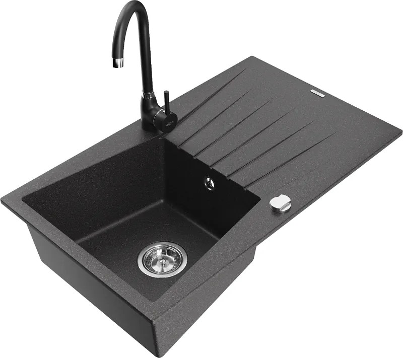Mexen Cesar granieten spoelbak 1-komerig met afdruiprek en keukenkraan Telma, zwart gespikkeld - 6514-76-670200-70
