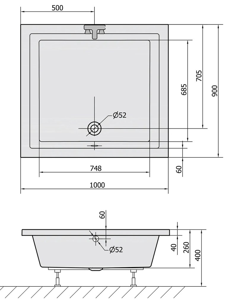 Polysan Deep rechthoekige douchebak met steun 100x90x26cm wit