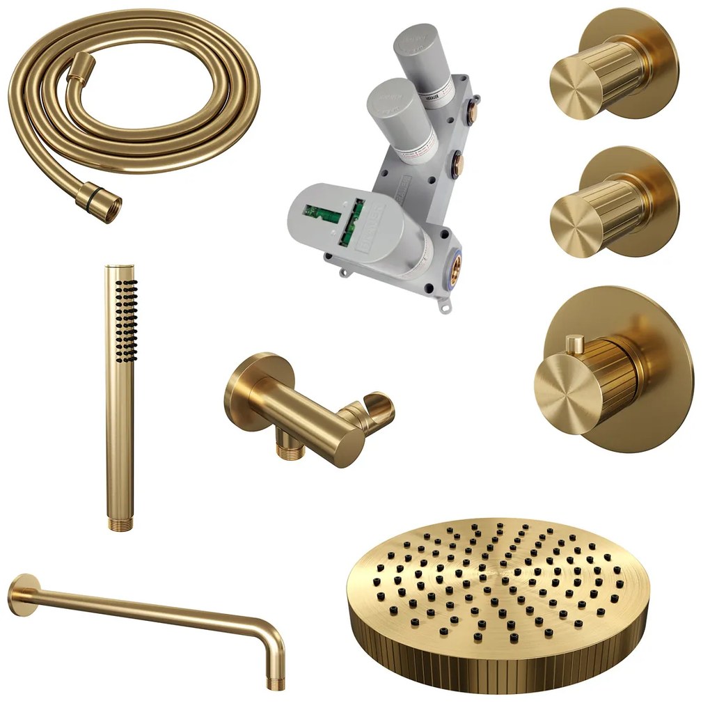 Brauer Stripe inbouw regendouche met 25cm hoofddouche, gebogen muurarm en staafhanddouche set 2 messing geborsteld PVD