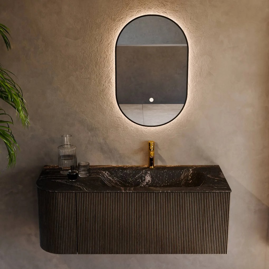Mondiaz Kurve-dlux 115cm badmeubel ronding links shadow met 1 lade en deur en wastafel big small kraangat rechts lava