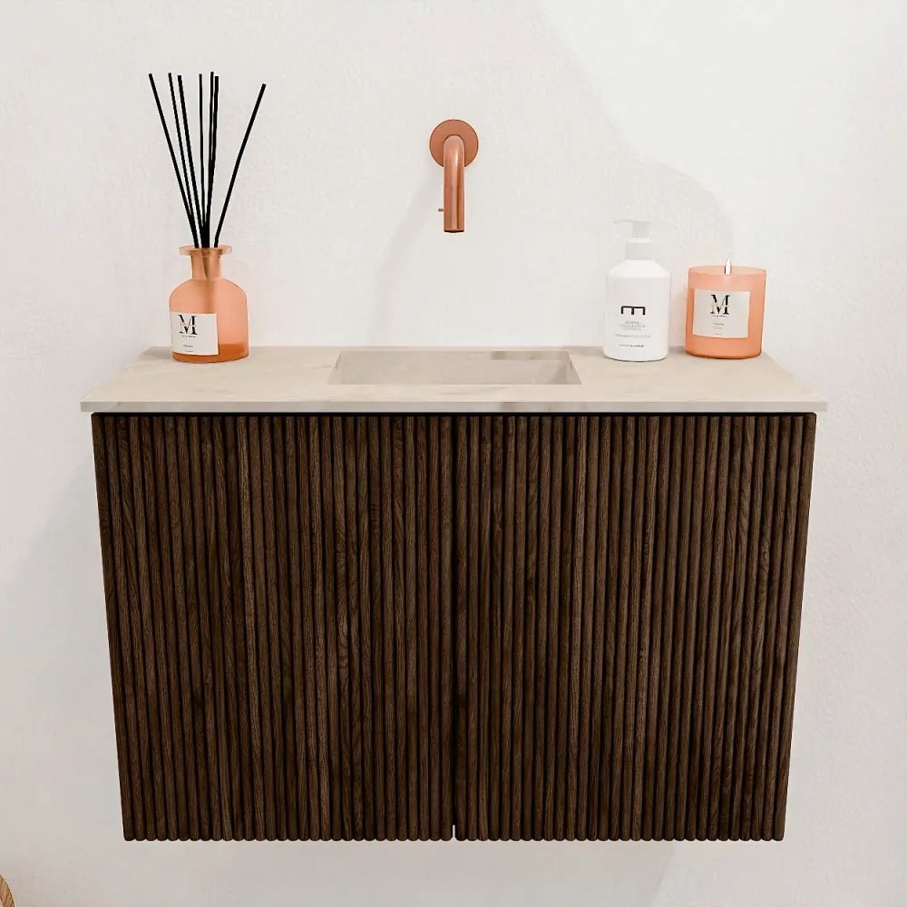 Mondiaz Joya DLux 60cm toiletmeubel walnut met wastafel faye midden zonder kraangat frappe