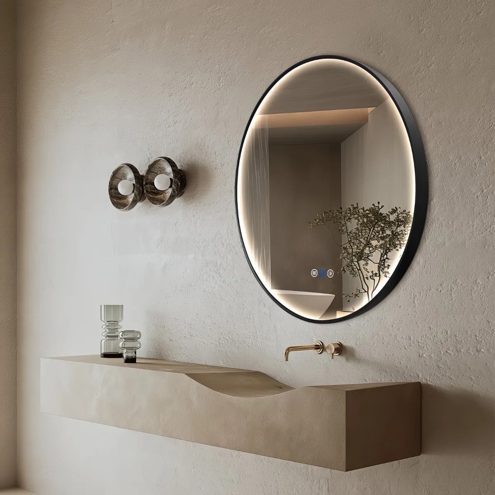 Saniclear Circle Black ronde spiegel met verwarming, direct en indirect licht mat zwart 90cm