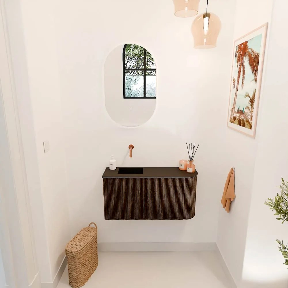 Mondiaz Joya 80cm toiletmeubel ronding rechts walnut met wastafel faye links zonder kraangat urban