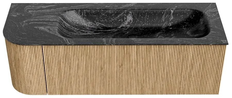 Mondiaz Kurve-dlux 135cm badmeubel ronding links oak met 1 lade en deur en wastafel big medium kraangat rechts lava