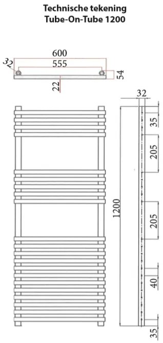 Sanicare design radiator Tube-On-Tube 120 x 60 cm. zwart