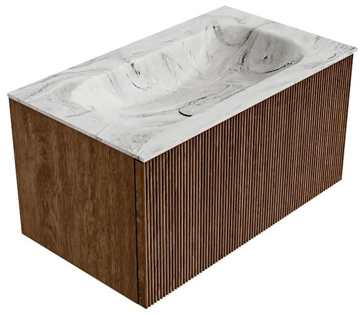 Mondiaz Kurve-dlux 80cm badmeubel walnut met 1 lade en wastafel big small midden zonder kraangat glace