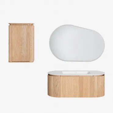 Conjunto Vaniteitmeubel 120x50 Cm Zwevend In Hout Met Geïntegreerde Wasbak Carsone Natuurlijk Hout & Natuurlijk Hout & Ovaal Led En Anticondens 120x80