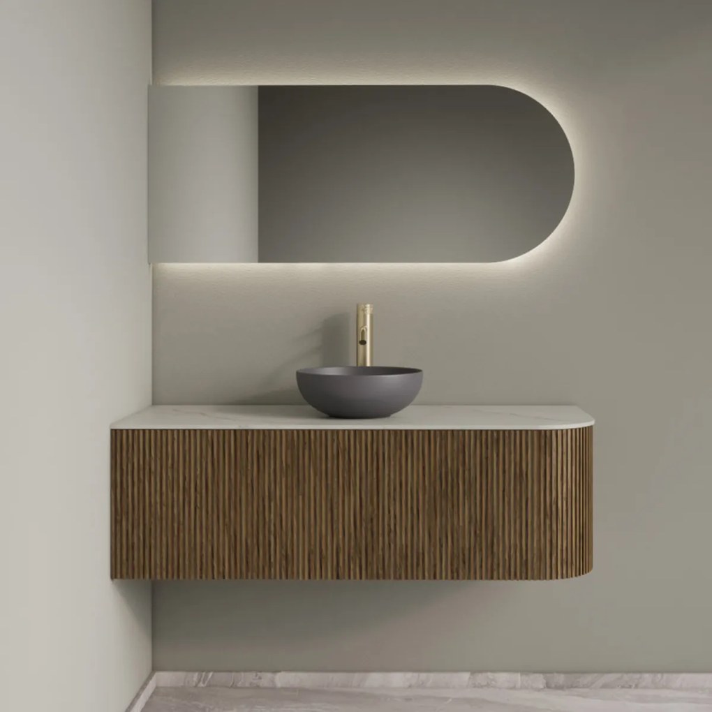 Gliss Design Alluro badmeubel ribbelfront met ronding rechts 120cm castle brown en wit marmer toppaneel