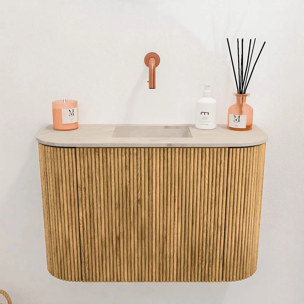 Mondiaz Joya DLux 65cm toiletmeubel ronding links/rechts oak met wastafel faye midden zonder kraangat frappe