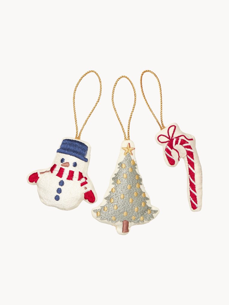 Handgeborduurde stoffen kerstboomhangers Snowman, 3-delig