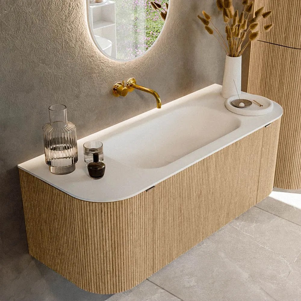 Mondiaz Kurve 120cm badmeubel ronding links/rechts oak met 1 lade en 2 deuren en wastafel big small midden zonder kraangat