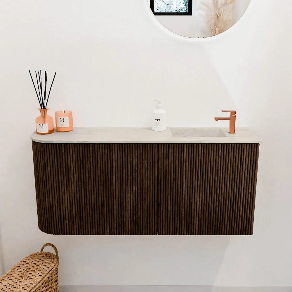 Mondiaz Joya DLux 90cm toiletmeubel ronding links walnut met wastafel faye rechts 1 kraangat ostra