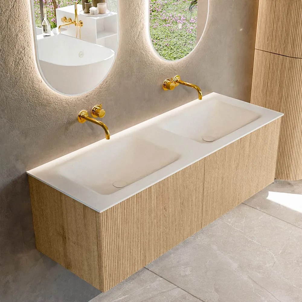 Mondiaz Kurve 130cm badmeubel oak met 2 lades en wastafel cloud dubbel zonder kraangat