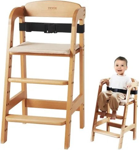 VEVOR Houten Kinderstoel voor Baby's en Peuters, Omvormbaar, Verstelbare Kinderstoel, Kinderstoel met Zitkussen, Draagbare Babyverhoger, Peuterstoel van Beukenhout, Natuurlijk