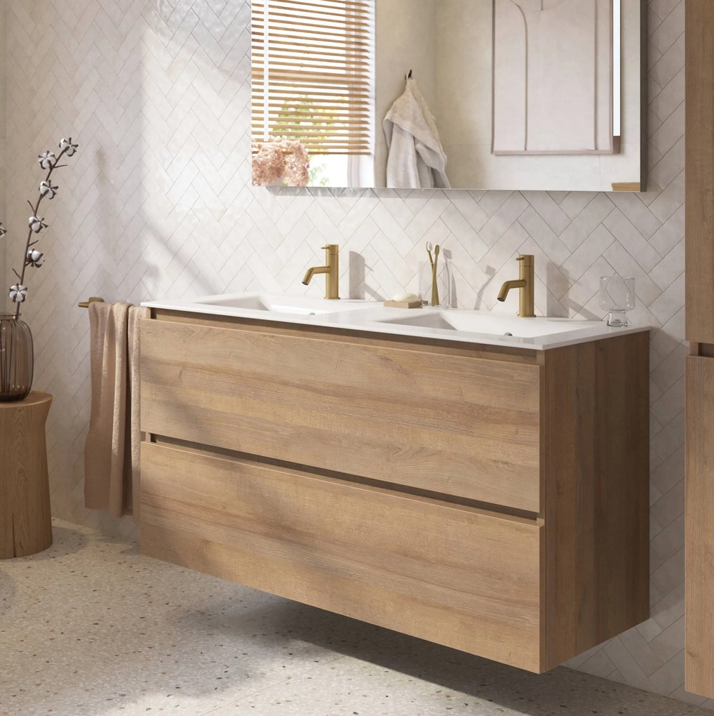 Saqu Terra badmeubel incl. dubbele glans witte keramische wastafel 120x51x66cm denver eiken