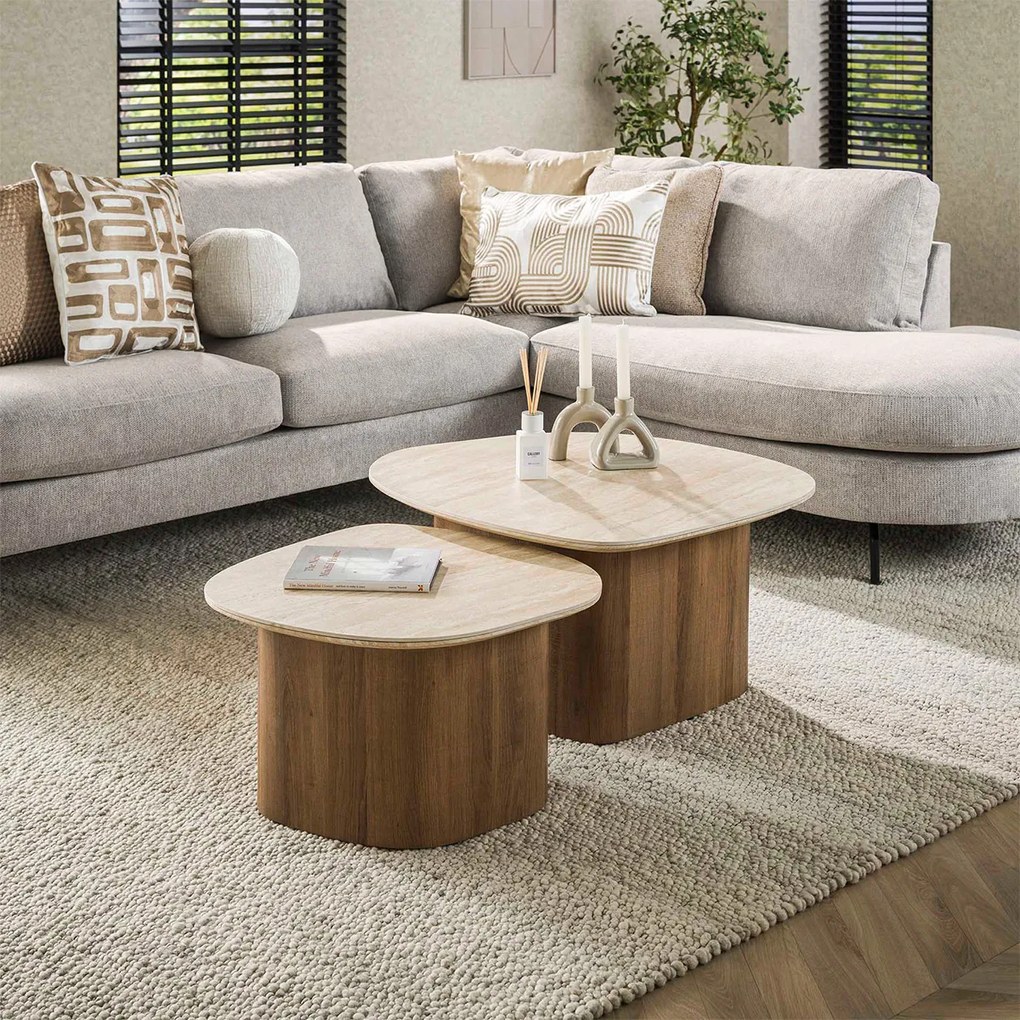 Salontafelset Travertin En Hout - 85 X 79cm.