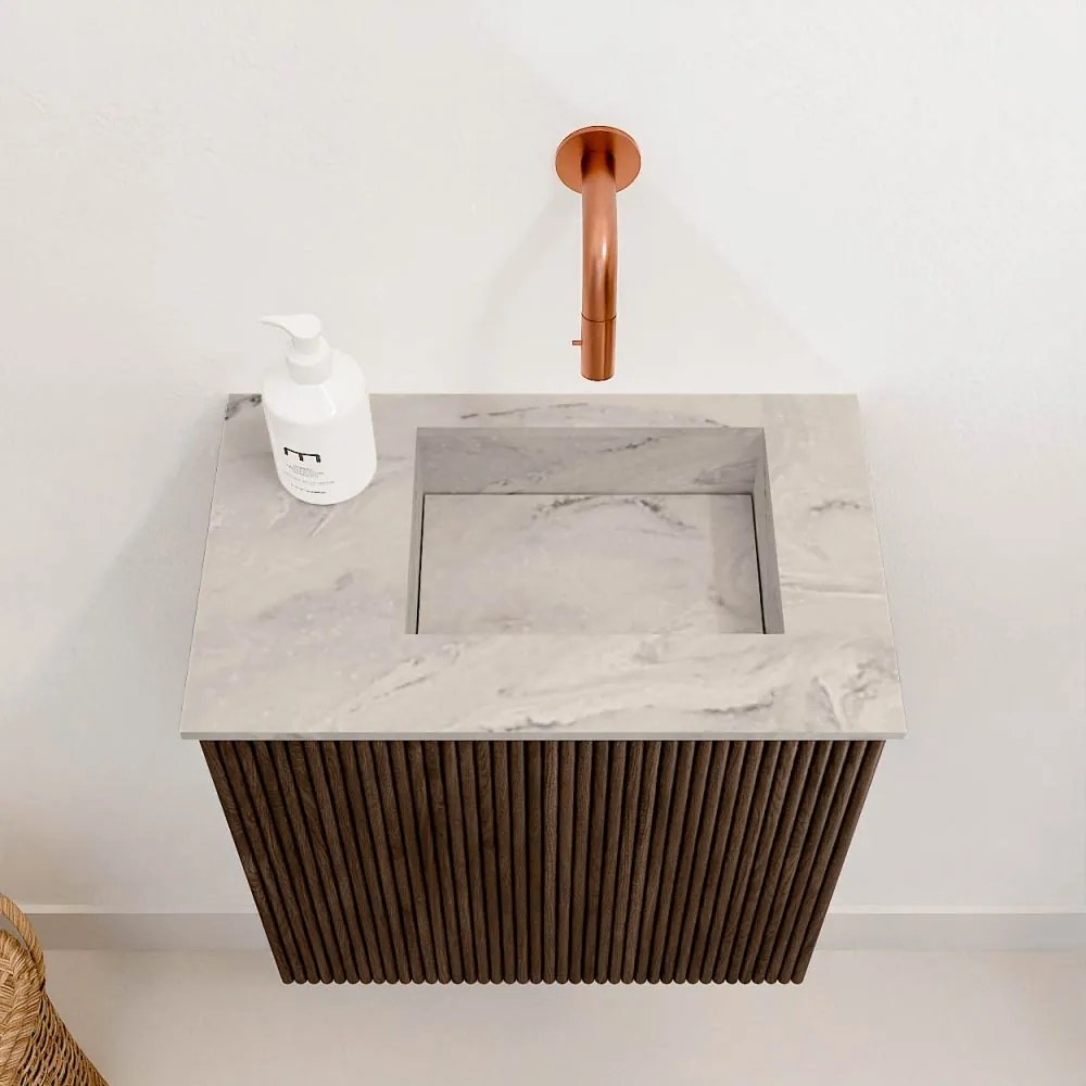 Mondiaz Joya DLux 40cm toiletmeubel walnut met wastafel faye rechts zonder kraangat glace