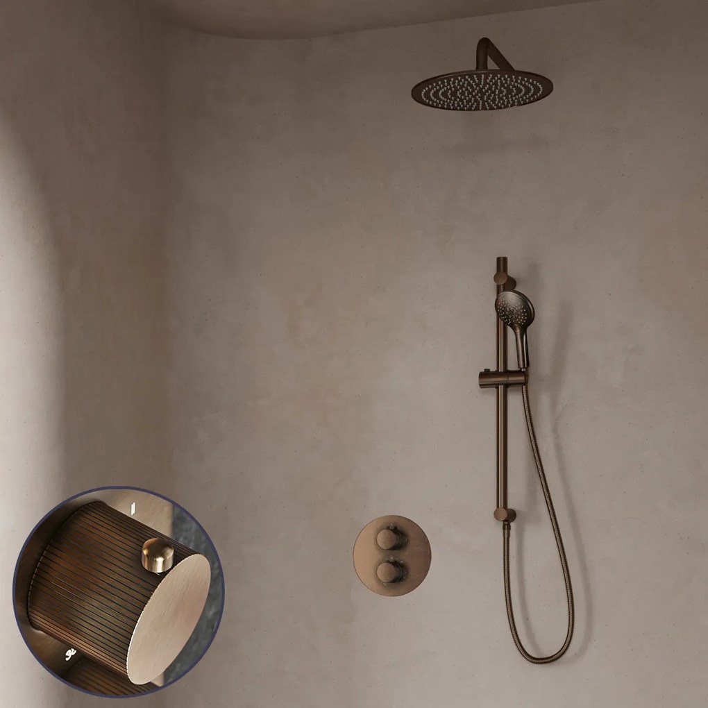 Saniclear Antique Stripes inbouw regendouche rond met 20cm hoofddouche, muurarm, 2 standen handdouche en glijstang verouderd messing