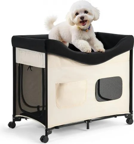 VEVOR Verhoogd Huisdierbed (XL), Opvouwbaar Hondenbed met 600D Oxford-stof en Nederlands Fluweel, Draagbaar Verhoogd Huisdierbed met Wielen, Opbergvakken aan de Zijkant en Draagtas, Beige